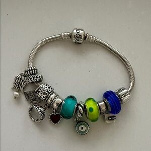 Pandora Silver Charm Bracelet with Blue, Teal & Lime Beads